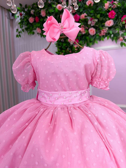 Vestido Infantil Rosa Bebê em Tecido Misto com Laço nas Costas