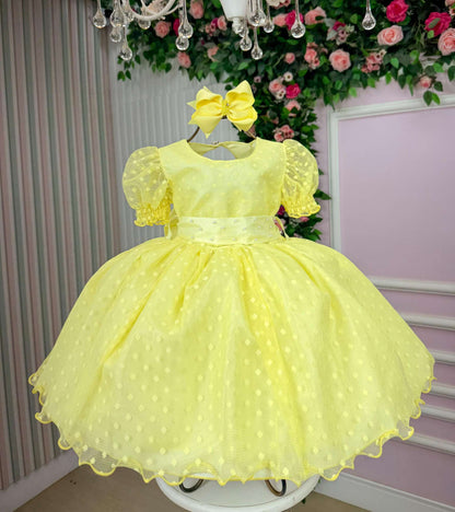 Vestido Infantil Amarelo em Tecido Misto com Laço nas Costas para Festa de Aniversário