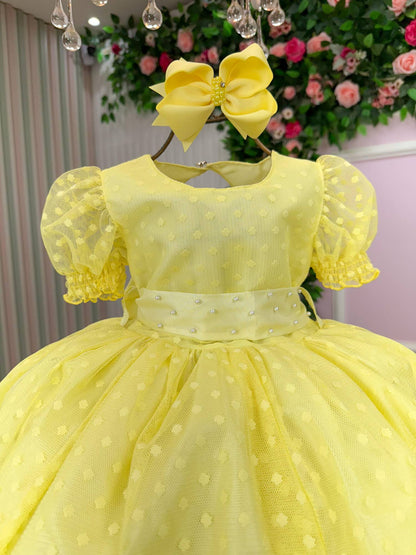 Vestido Infantil Amarelo em Tecido Misto com Laço nas Costas para Festa de Aniversário