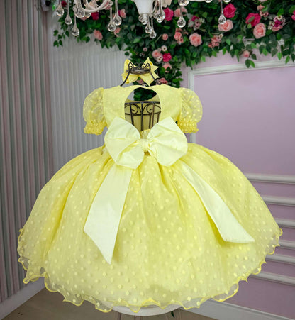 Vestido Infantil Amarelo em Tecido Misto com Laço nas Costas para Festa de Aniversário