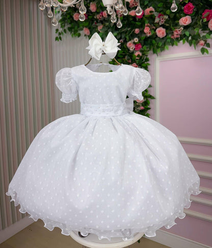 Vestido Infantil Branco em Tecido Misto com Laço nas Costas para Festa de Aniversário