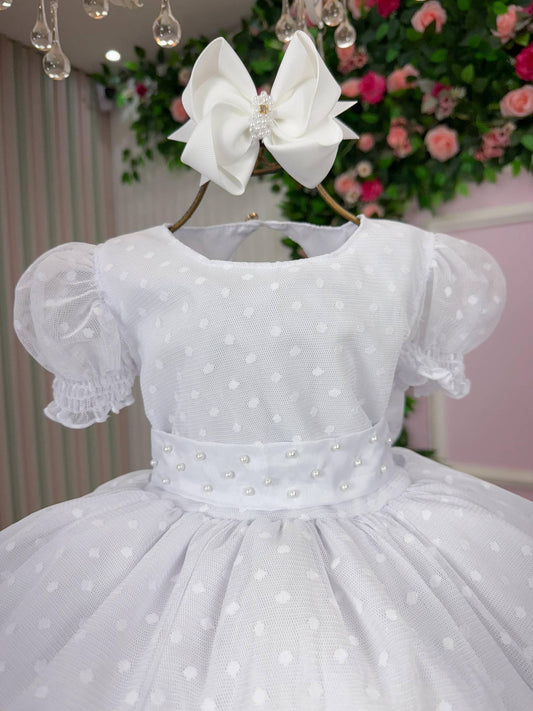 Vestido Infantil Branco em Tecido Misto com Laço nas Costas para Festa de Aniversário