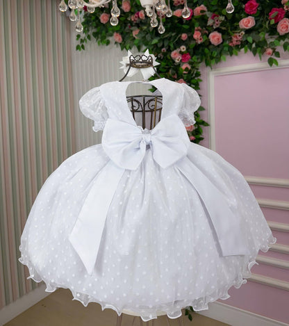 Vestido Infantil Branco em Tecido Misto com Laço nas Costas para Festa de Aniversário