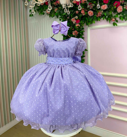 Vestido Infantil Lilás em Tecido Misto com Laço nas Costas para Festa de Aniversário