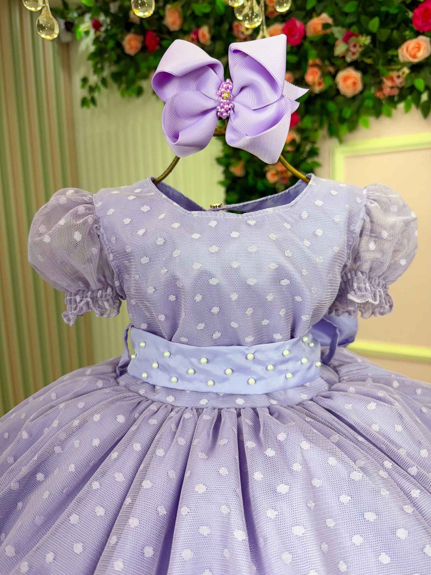 Vestido Infantil Lilás em Tecido Misto com Laço nas Costas para Festa de Aniversário