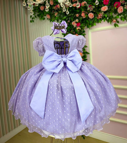 Vestido Infantil Lilás em Tecido Misto com Laço nas Costas para Festa de Aniversário