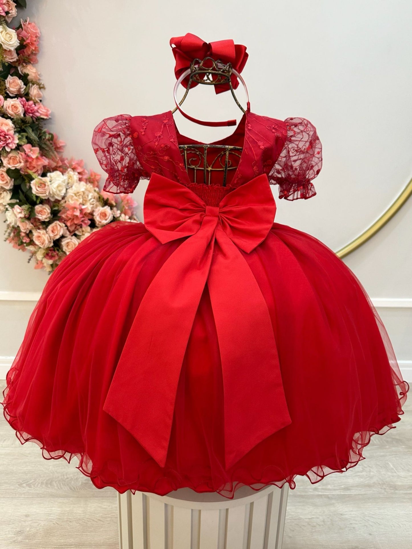 Vestido Infantil Vermelho Busto Com Renda Daminhas Casamentos