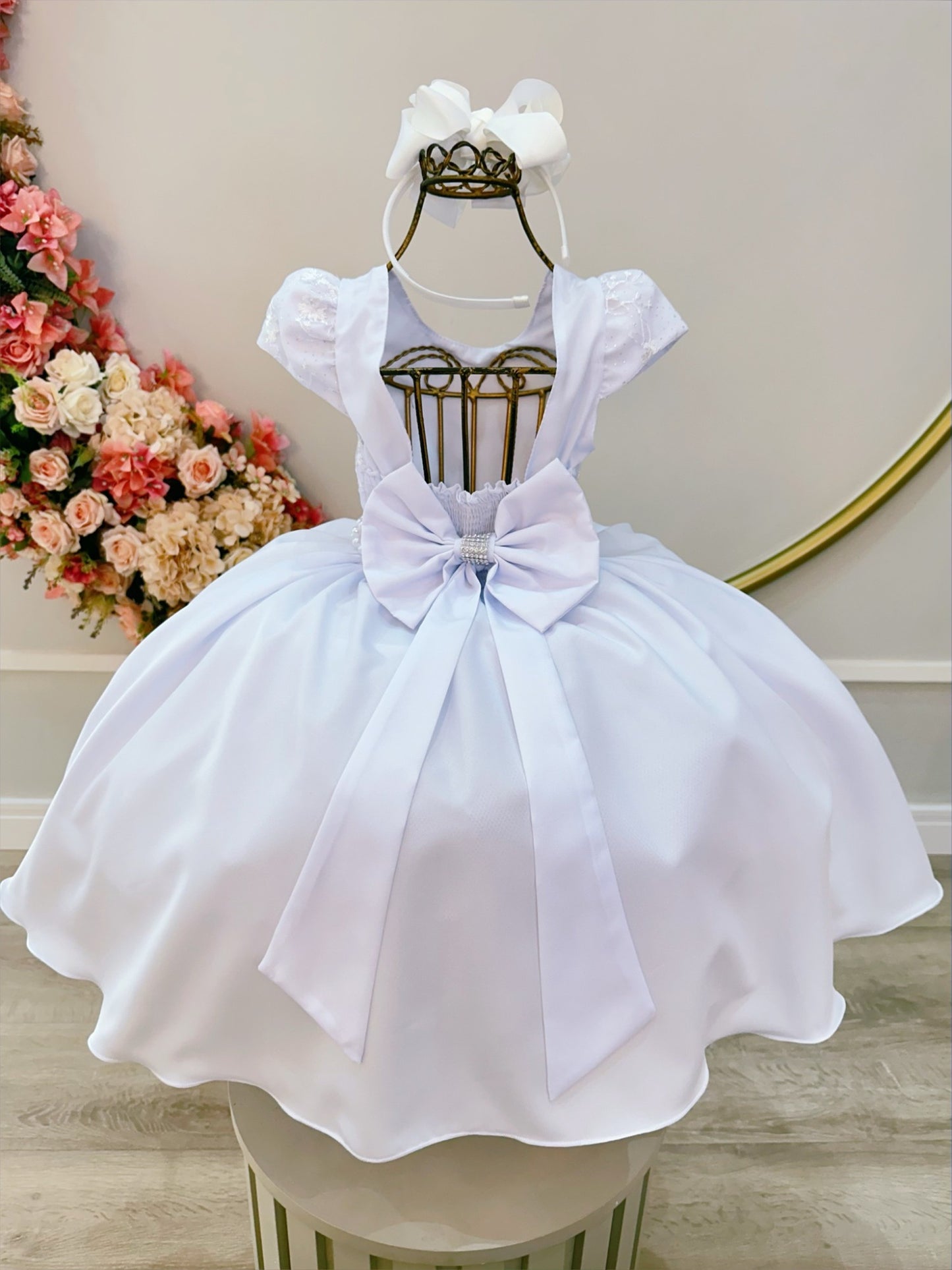 Vestido Infantil Branco Busto Com Renda Daminhas Festas
