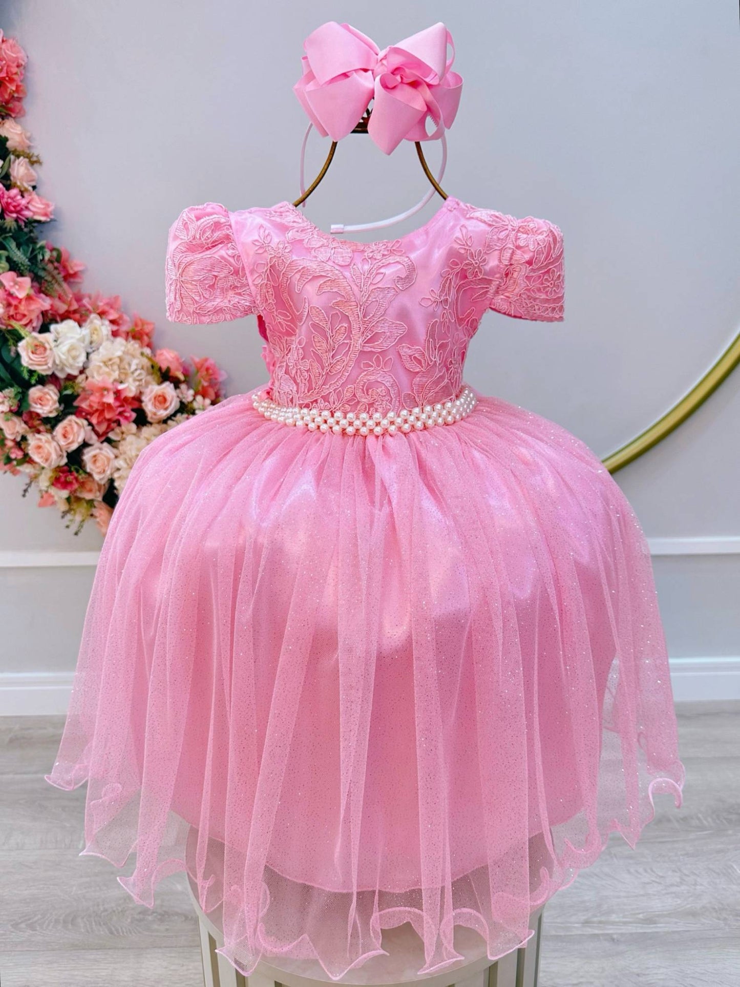Vestido Infantil Rosa Tule Com Renda Luxo Casamento Festas