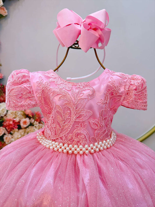 Vestido Infantil Rosa Tule Com Renda Luxo Casamento Festas