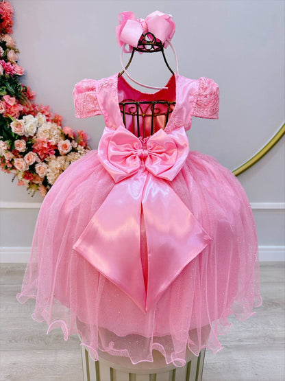 Vestido Infantil Rosa Tule Com Renda Luxo Casamento Festas