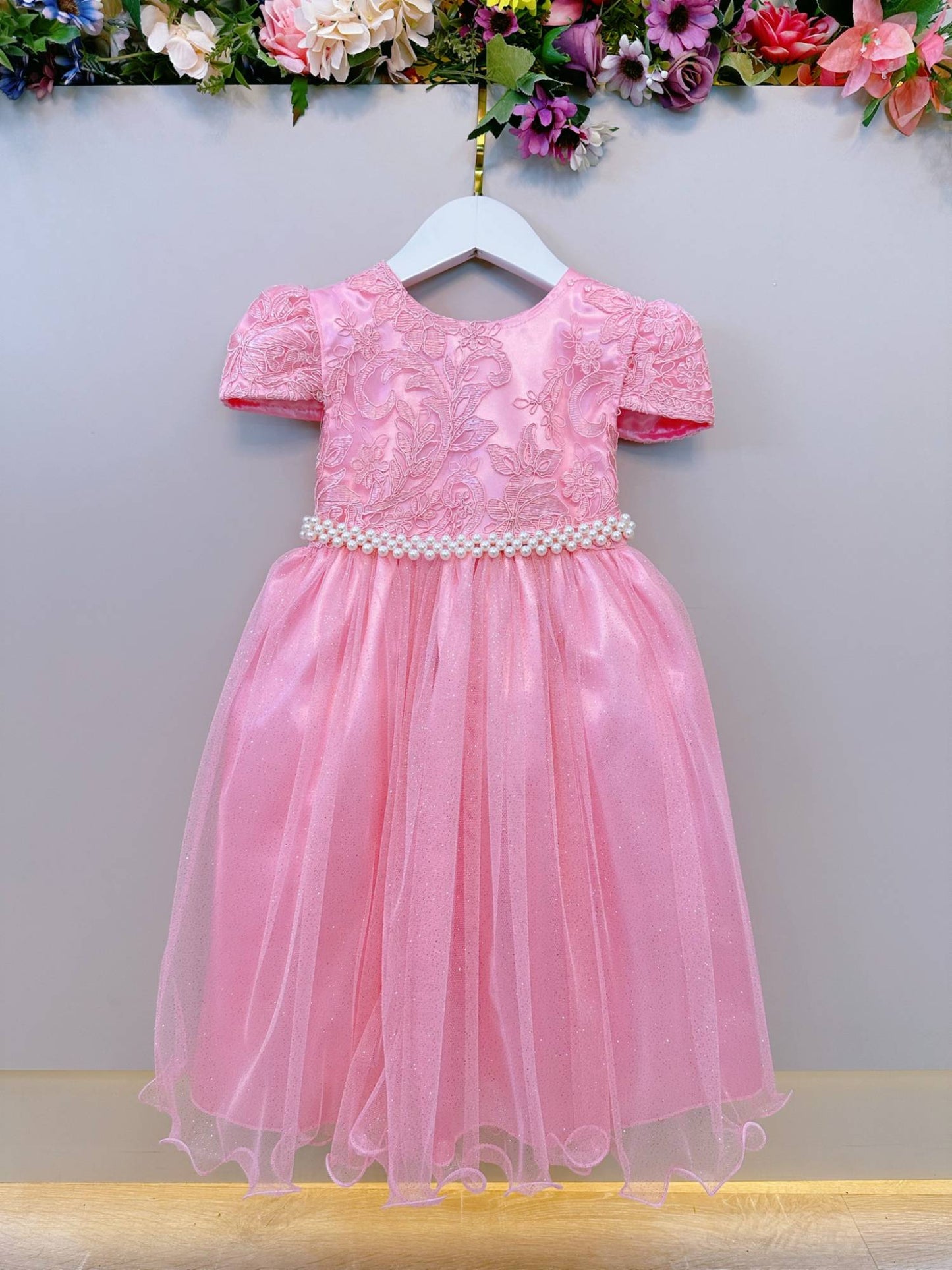 Vestido Infantil Rosa Tule Com Renda Luxo Casamento Festas