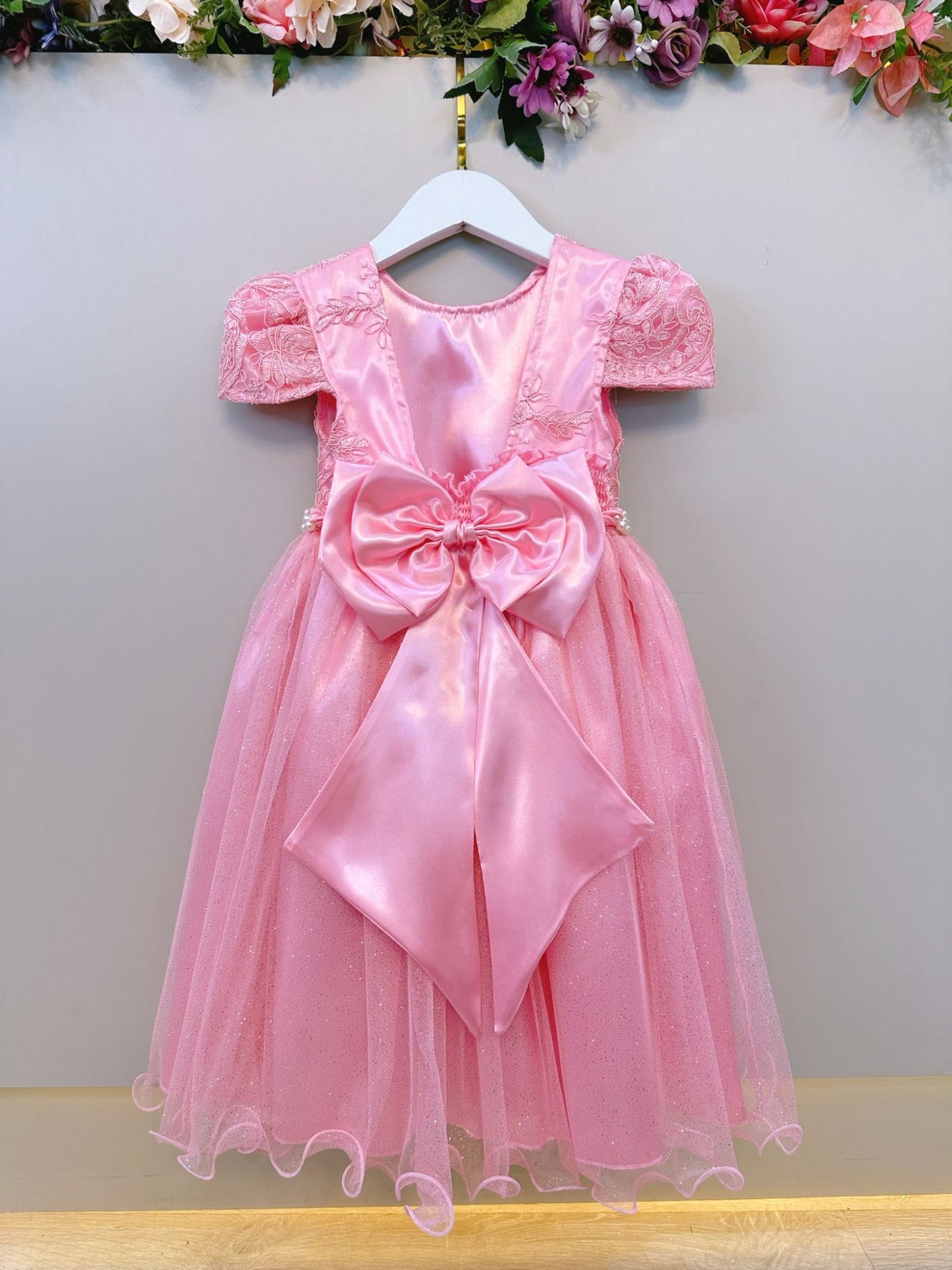 Vestido Infantil Rosa Tule Com Renda Luxo Casamento Festas