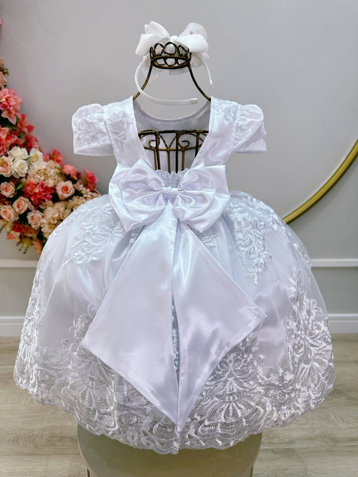 Vestido Infantil Branco Casamento Festa Com Renda Luxo