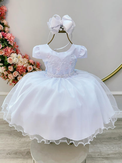 Vestido Infantil Branco Busto Bordado Flores e Pérolas Daminha