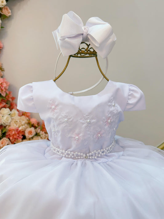 Vestido Infantil Branco Busto Bordado Flores e Pérolas Daminha