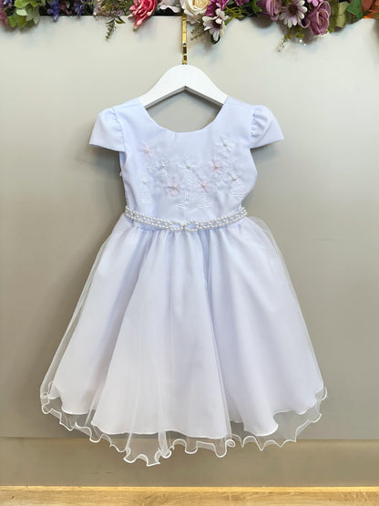 Vestido Infantil Branco Busto Bordado Flores e Pérolas Daminha