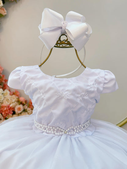 Vestido Infantil Branco Busto C/ Bordado Flores Daminha Festa
