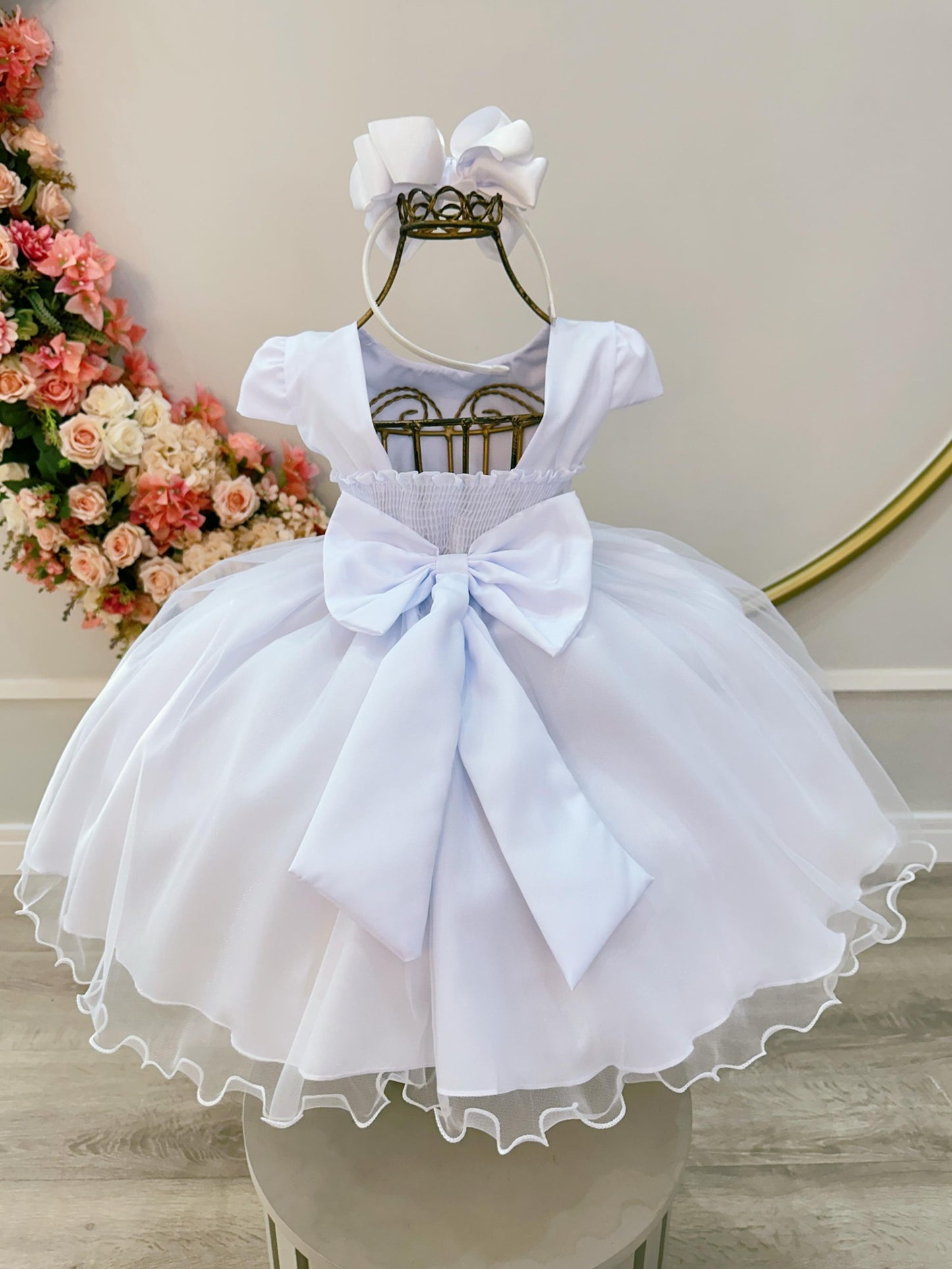 Vestido Infantil Branco Busto C/ Bordado Flores Daminha Festa