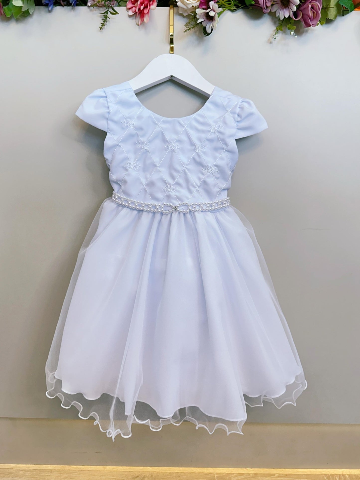 Vestido Infantil Branco Busto C/ Bordado Flores Daminha Festa