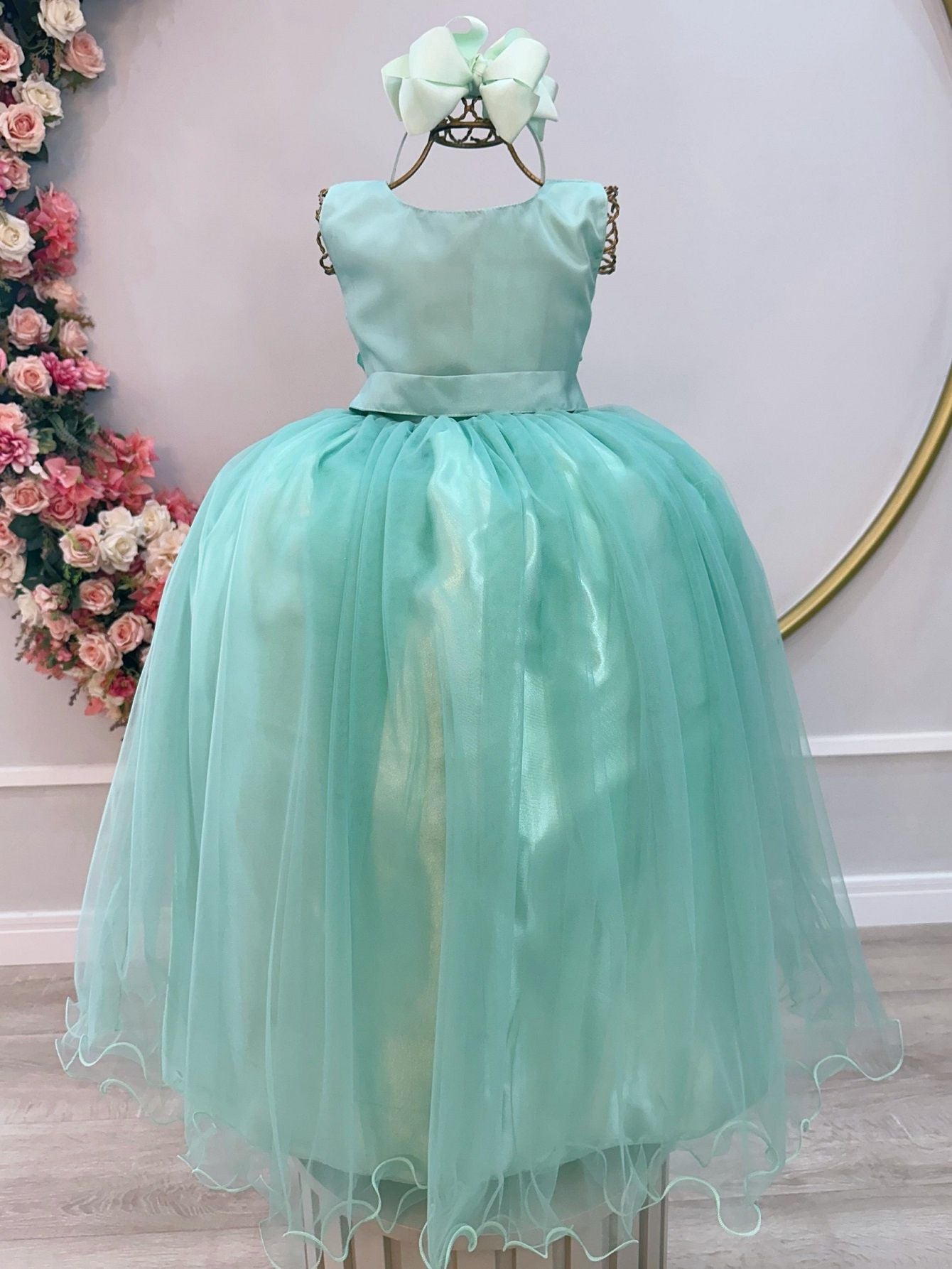 Vestido Infantil Longo Verde Menta Daminhas Casamentos Luxo