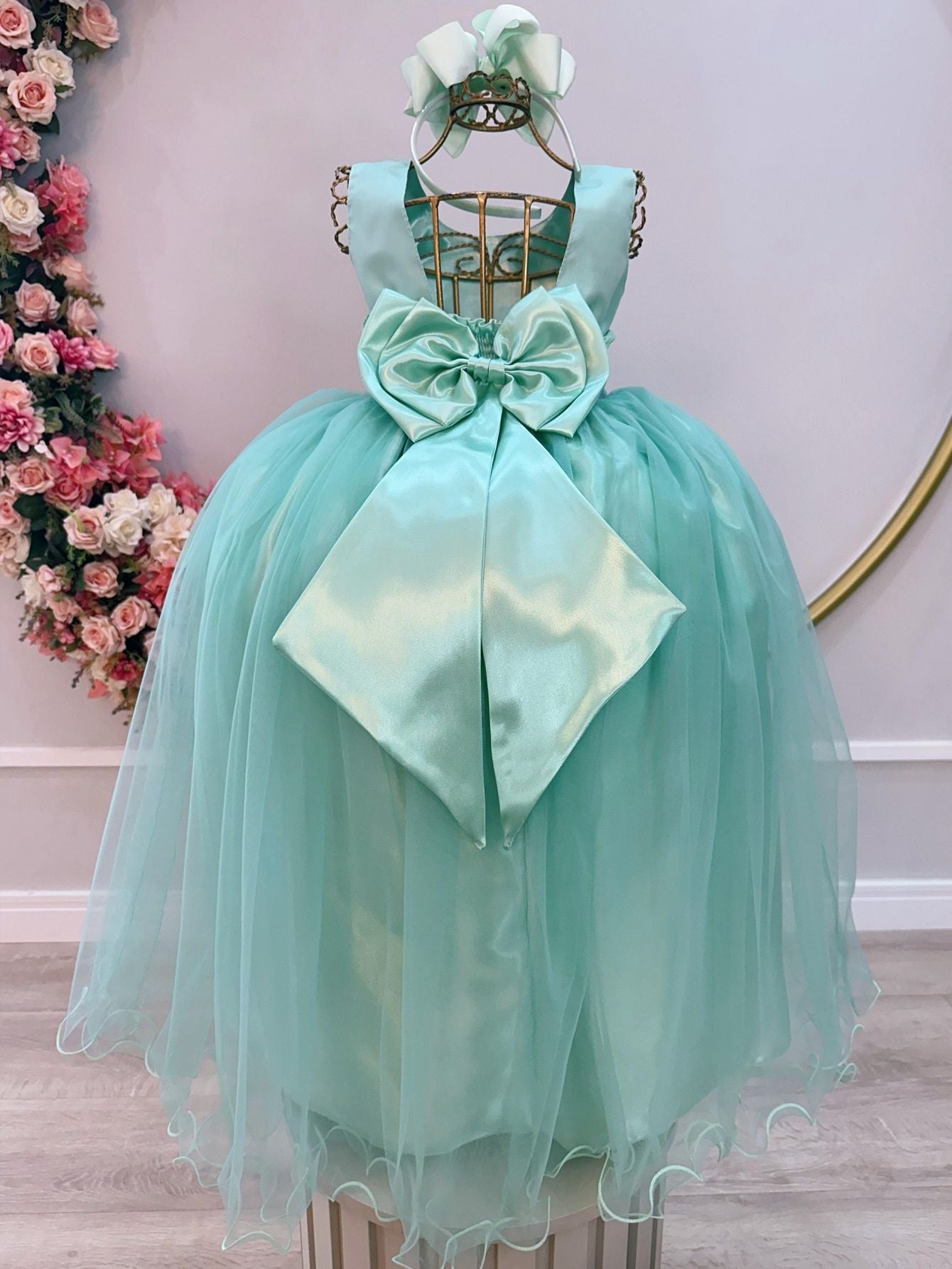 Vestido Infantil Longo Verde Menta Daminhas Casamentos Luxo