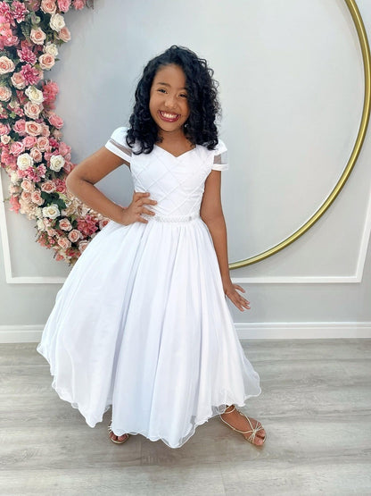 Vestido Infantil Branco C/ Busto Nervura Cinto Pérolas Damas