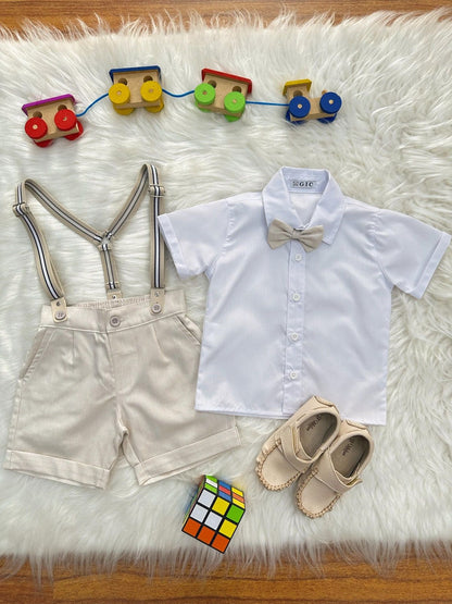 Conjunto Social Pajem Camisa Branca Short e Susp. Bege Claro