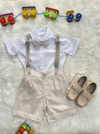 Conjunto Social Pajem Camisa Branca Short e Susp. Bege Claro