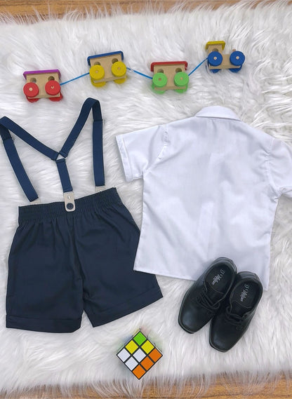 Conjunto Social Pajem Camisa Branca Short e Susp. Azul Escuro
