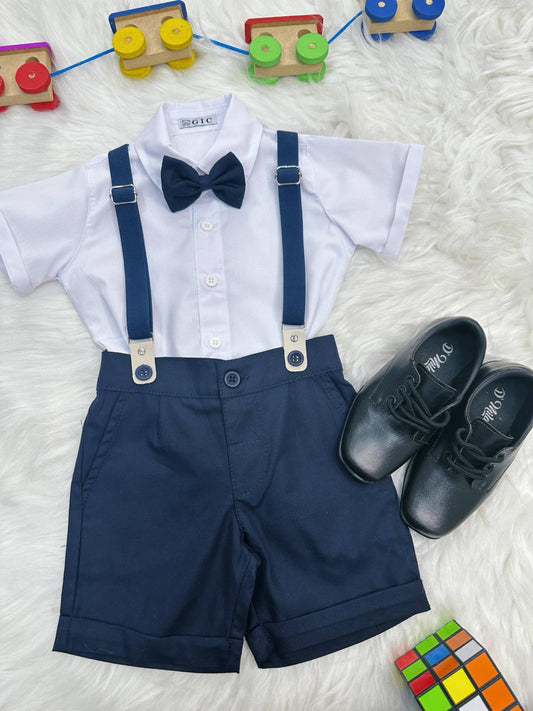 Conjunto Social Pajem Camisa Branca Short e Susp. Azul Escuro
