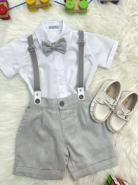 Conjunto Social Pajem Camisa Branca Short e Susp. Cinza Claro