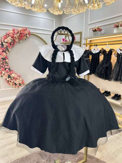 Fantasia Infantil da Wandinha Com Tiara de Tranças Preto Festas