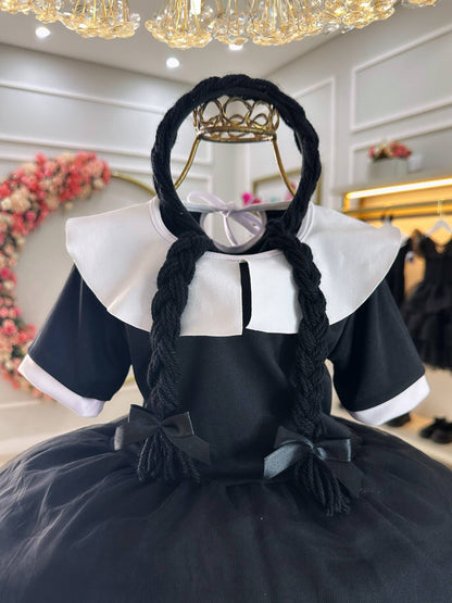 Fantasia Infantil da Wandinha Com Tiara de Tranças Preto Festas