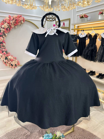 Fantasia Infantil da Wandinha Com Tiara de Tranças Preto Festas