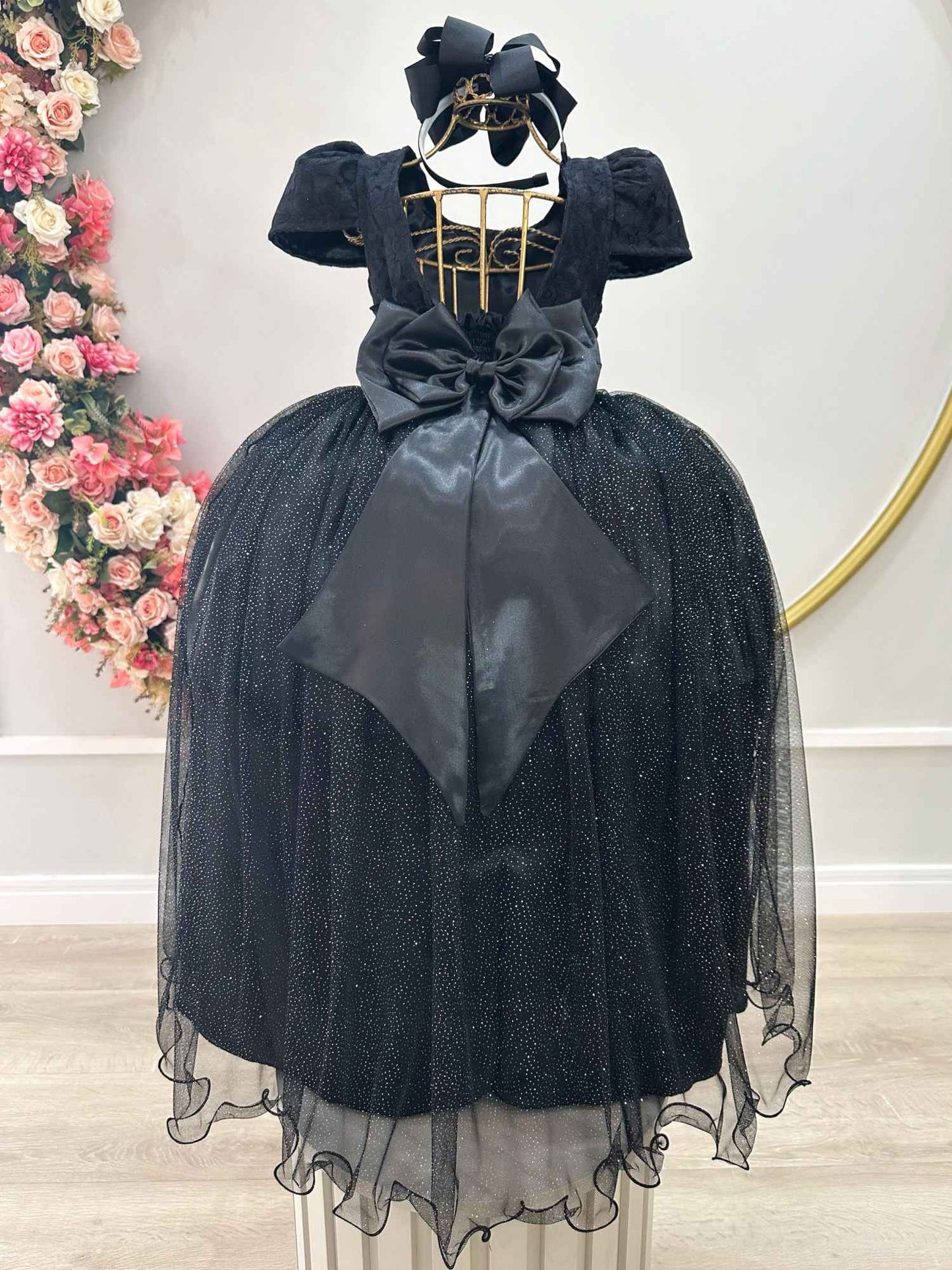 Vestido Infantil Preto Longo Damas C/ Renda Casamento