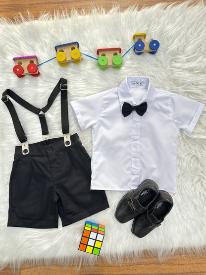 Conjunto Social Pajem Camisa Branca Short e Susp. Preto
