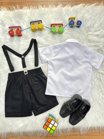 Conjunto Social Pajem Camisa Branca Short e Susp. Preto