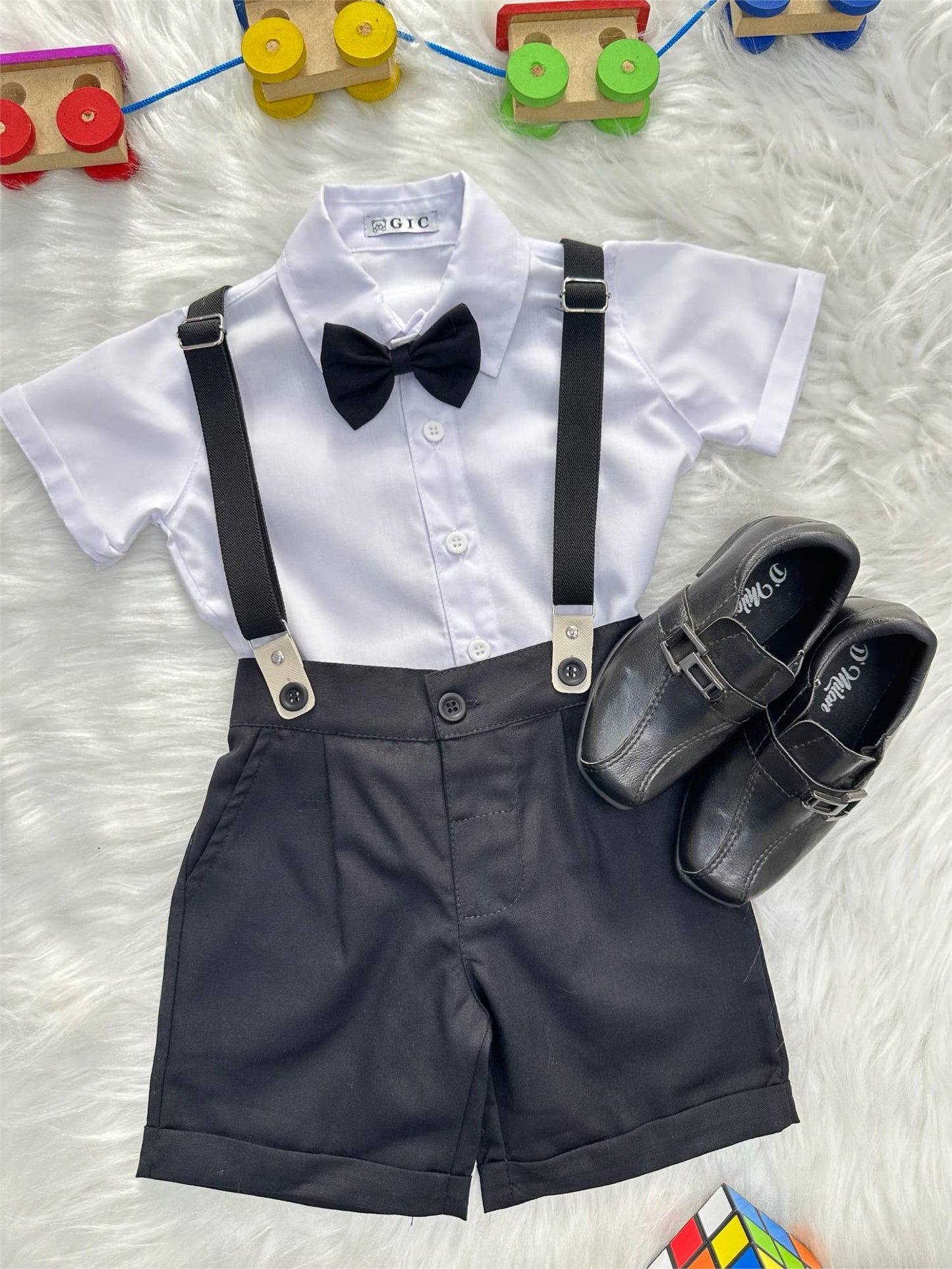Conjunto Social Pajem Camisa Branca Short e Susp. Preto