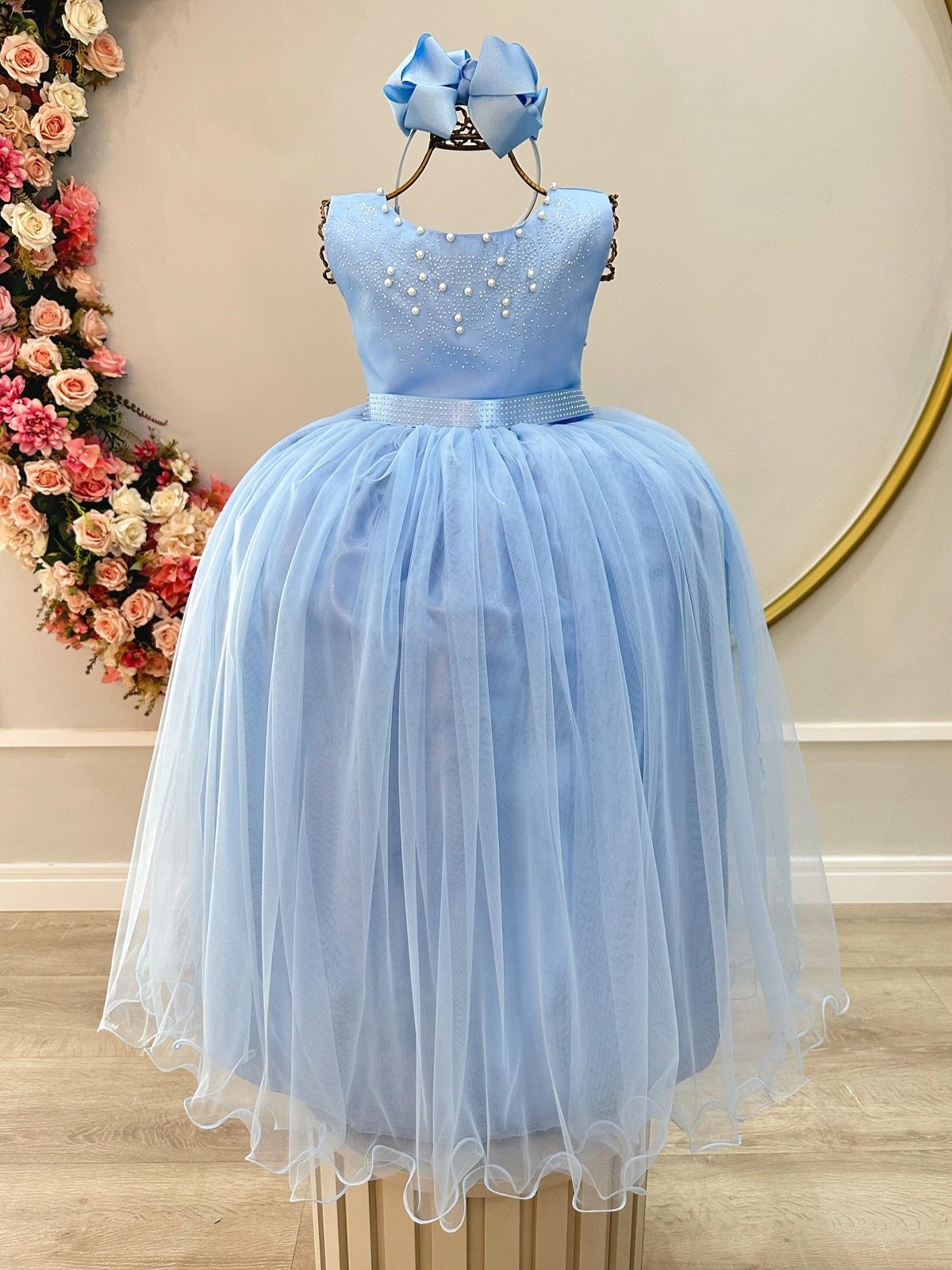 Vestido Infantil Damas de Honra Longo Azul Strass e Pérolas