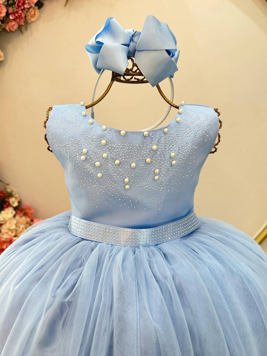 Vestido Infantil Damas de Honra Longo Azul Strass e Pérolas