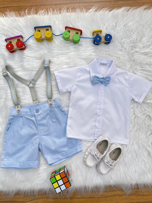 Conjunto Social Pajem Camisa Branca Short e Susp. Azul Claro