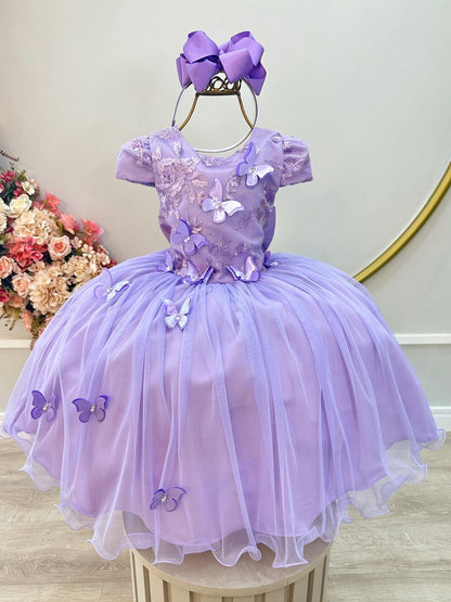 Vestido Infantil Lilás Apliques Flores e Borboletas Festas