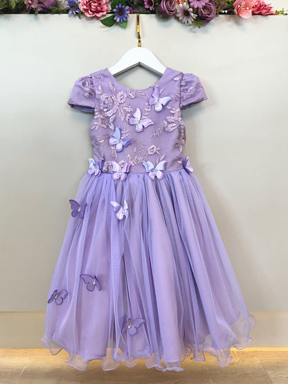 Vestido Infantil Lilás Apliques Flores e Borboletas Festas