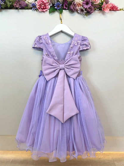 Vestido Infantil Lilás Apliques Flores e Borboletas Festas