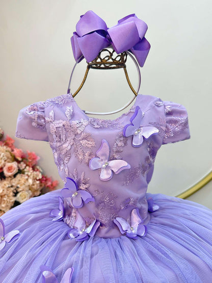 Vestido Infantil Lilás Apliques Flores e Borboletas Festas