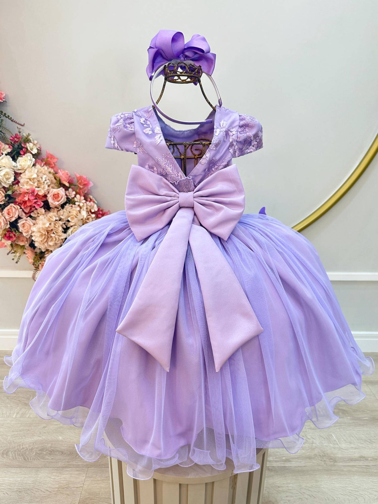 Vestido Infantil Lilás Apliques Flores e Borboletas Festas