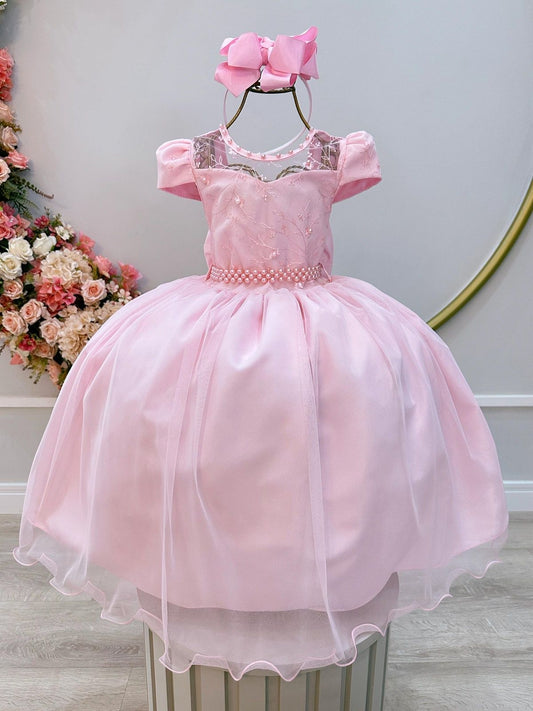 Vestido Infantil Rosa Claro C/ Renda e Pérolas Festas Daminhas