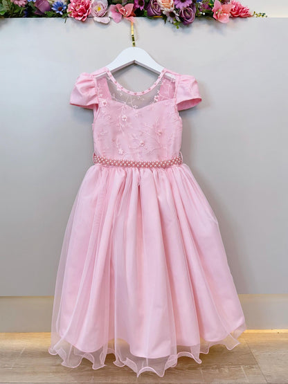 Vestido Infantil Rosa Claro C/ Renda e Pérolas Festas Daminhas