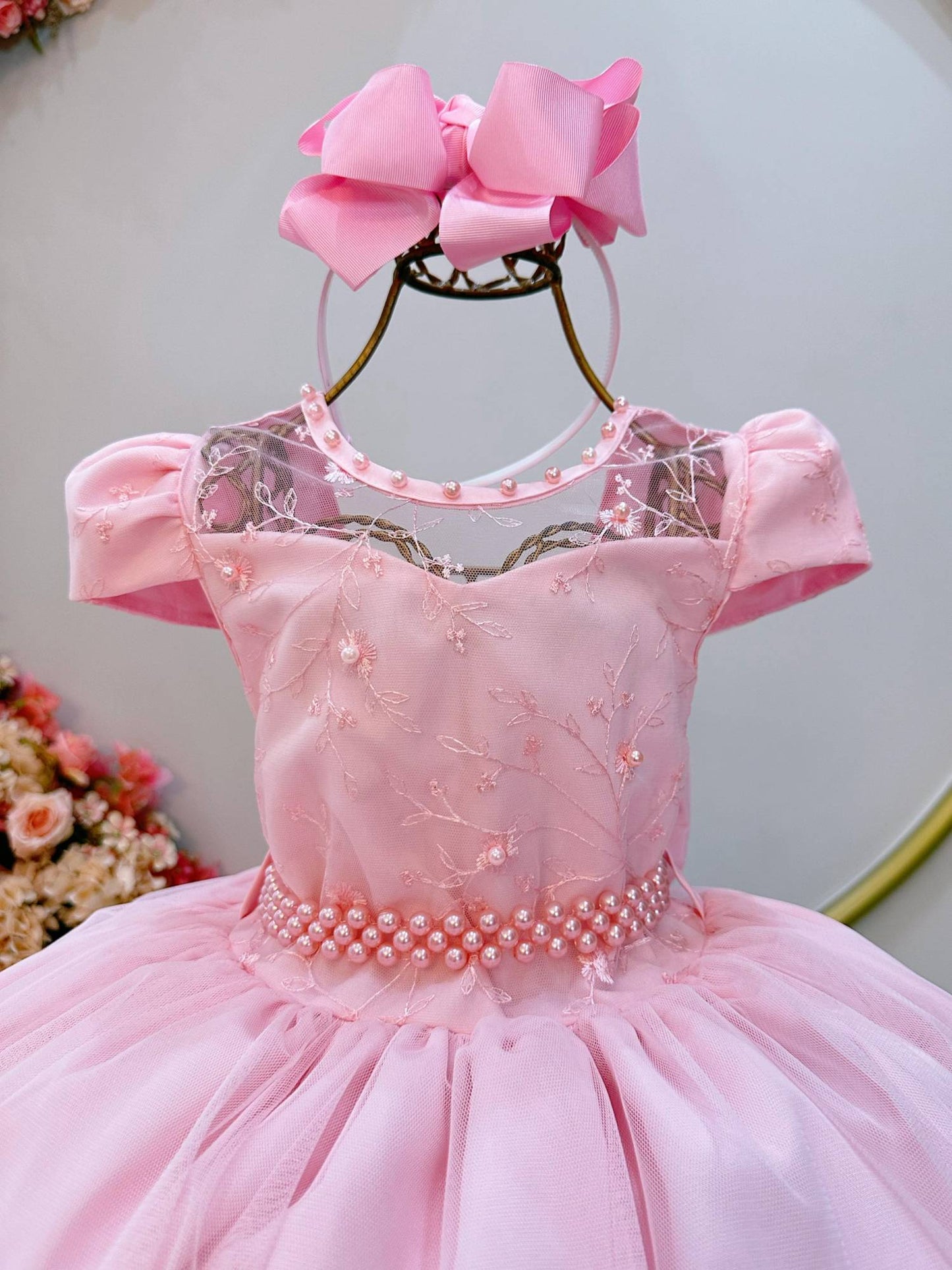 Vestido Infantil Rosa Claro C/ Renda e Pérolas Festas Daminhas